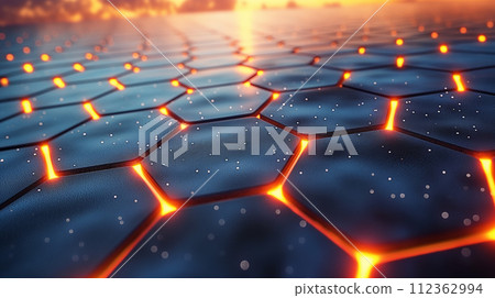 Dark space background with glowing stars in shades of orange and red 3d rendering of abstract hexagonal background with bright glowing particles. 112362994
