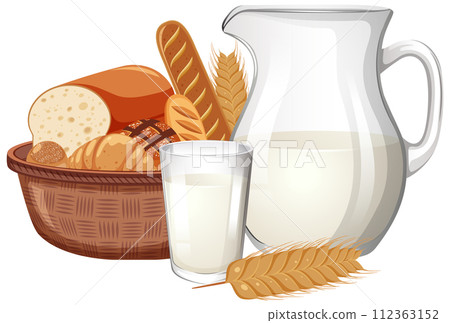 Homemade Bread and Oat Milk Illustration Homemade Bread and Oat Milk Illustration 112363152