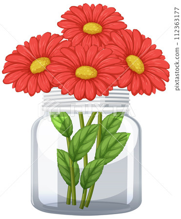 Red Gerbera Daisies in Glass Jar Red Gerbera Daisies in Glass Jar 112363177