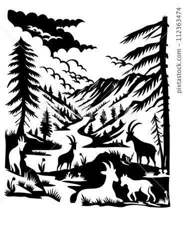 Ibex in Swiss National Park Switzerland Swiss Scherenschnitte Paper Cut Style 112363474