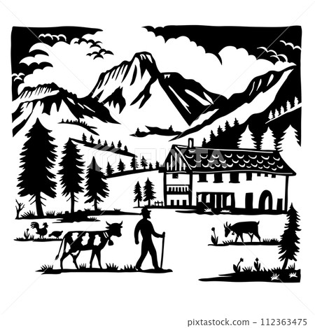 Chalet in Gantrisch Nature Park in Freiburg Switzerland Swiss Scherenschnitte Paper Cut Style 112363475