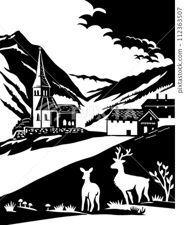 Deer in Binntal Nature Park in Binn Switzerland Swiss Scherenschnitte Paper Cut Style Deer in Binntal Nature Park in Binn Switzerland Swiss Scherenschnitte Paper Cut Style 112363507