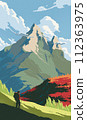 a man walking down from the mountain with the background of a high mount. 112363975