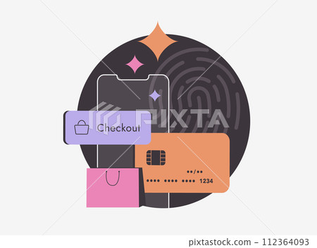 M-Commerce Checkout with Biometric Authentication. E-commerce checkout payment from mobile phone using fingerprint. Biometric authentication and mobile payment verification vector illustration M-Commerce Checkout with Biometric Authentication. E-commerce checkout payment from mobile phone using fingerprint. Biometric authentication and mobile payment verification vector illustration 112364093
