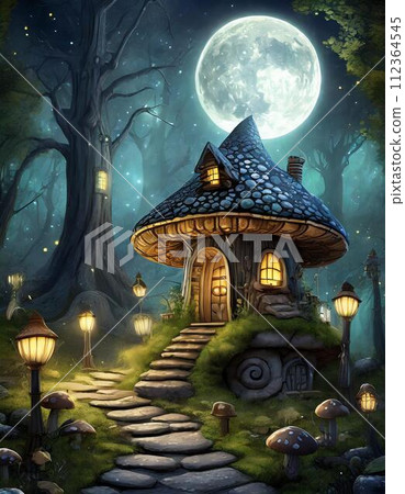 昏暗森林中的蘑菇屋和滿月 AI 生成的圖像 112364545