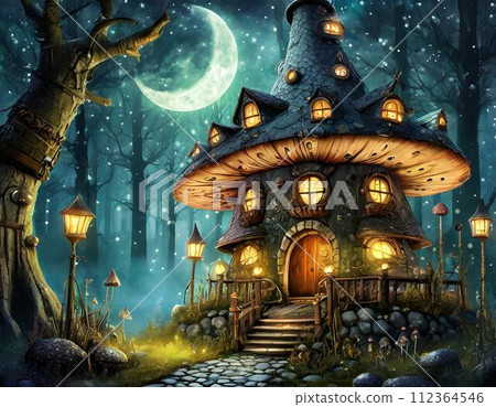 發光森林中的蘑菇屋和新月人工智慧生成的圖像 112364546