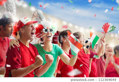 Hungary football team supporter on stadium. Hungary football team supporter on stadium. 112364649