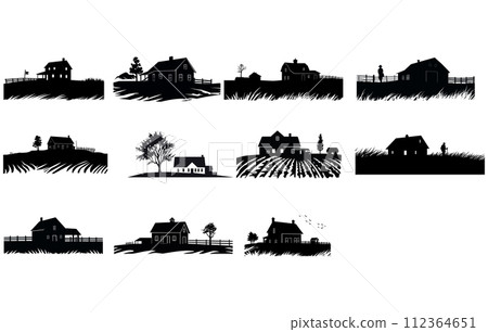 Harvest Farmhouse silhouette vector. Rural house silhouette,Farmhouse Silhouette Vector Art 112364651