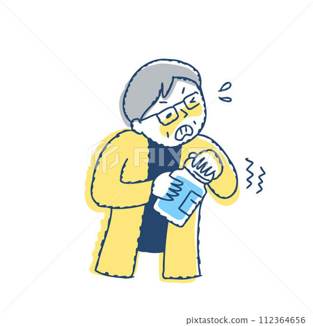 A senior woman whose grip strength has weakened and she is unable to open the lid of a bottle. A senior woman whose grip strength has weakened and she is unable to open the lid of a bottle. 112364656