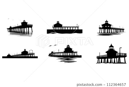 Huntington Beach Pier Silhouette vector, Pier over the ocean, Huntington Beach Pier Silhouette vector, Pier over the ocean, 112364657