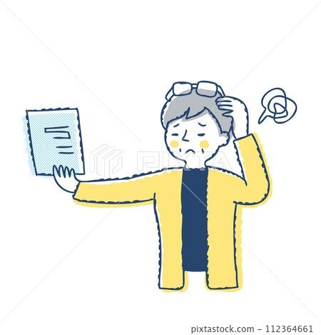 A senior woman with presbyopia looking at documents from a distance 112364661