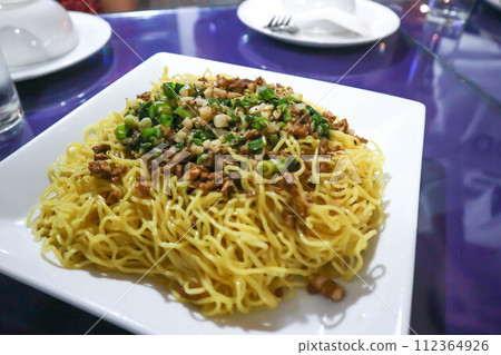 noodles ,stir fried noodles with pork and vegetable or noodles without soup noodles ,stir fried noodles with pork and vegetable or noodles without soup 112364926