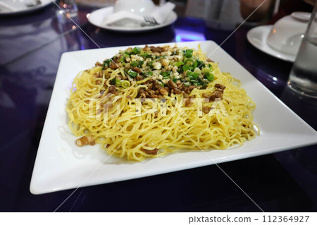 noodles ,stir fried noodles with pork and vegetable or noodles without soup noodles ,stir fried noodles with pork and vegetable or noodles without soup 112364927