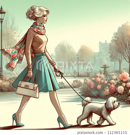 在公園遛狗的女人 112365133