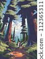 a woman trekking in a pine forest in a national park with the farther background of beautiful mounts. 112365311