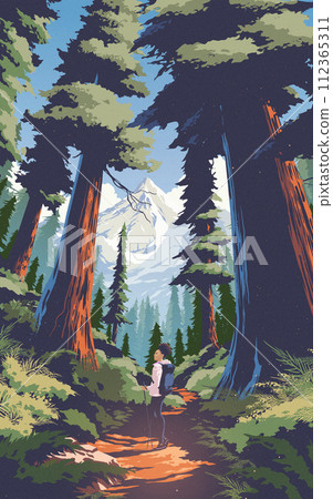 a woman trekking in a pine forest in a national park with the farther background of beautiful mounts. 112365311