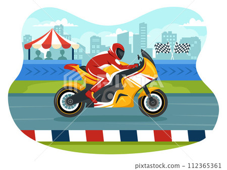 Racing Motosport Speed Bike Vector Illustration for Competition or Championship Race by Wearing Sportswear and Equipment in Flat Cartoon Background 112365361