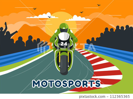 Racing Motosport Speed Bike Vector Illustration for Competition or Championship Race by Wearing Sportswear and Equipment in Flat Cartoon Background 112365365