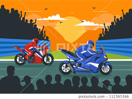 Racing Motosport Speed Bike Vector Illustration for Competition or Championship Race by Wearing Sportswear and Equipment in Flat Cartoon Background Racing Motosport Speed Bike Vector Illustration for Competition or Championship Race by Wearing Sportswear and Equipment in Flat Cartoon Background 112365366