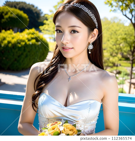 一位微笑的新娘在一座藍色的橋上舉著花束,背景是一個公園 一位微笑的新娘在一座藍色的橋上舉著花束,背景是一個公園 112365574