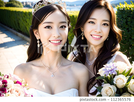 婚禮上手捧花束的姊妹 婚禮上手捧花束的姊妹 112365576