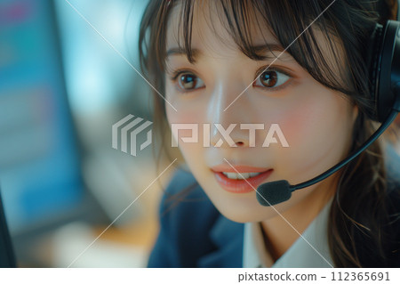 "AI-generated image" of a young female operator wearing a headset in the office 112365691
