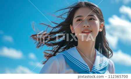Smiling high school girl looking up at the blue sky "AI generated image" Smiling high school girl looking up at the blue sky "AI generated image" 112365700