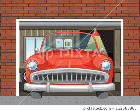 Classic Car Parked in Brick Garage Classic Car Parked in Brick Garage 112365963