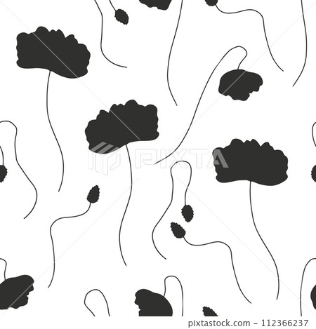 Seamless pattern with abstract poppy flowers black silhouettes on white 112366237