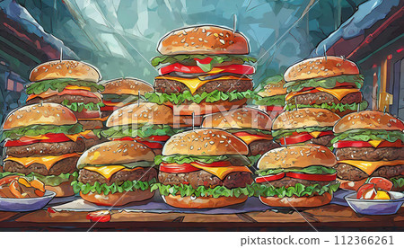 A large amount of hamburgers (AI generated image) 112366261