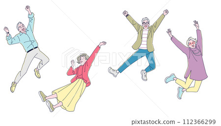 Middle-aged men and women jumping energetically Middle-aged men and women jumping energetically 112366299