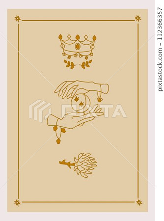 Esoteric poster Protection hands holding moon and stars, mystic prickly flower and crown on beige background. Boho style vector outline illustration. Esoteric poster Protection hands holding moon and stars, mystic prickly flower and crown on beige background. Boho style vector outline illustration. 112366357