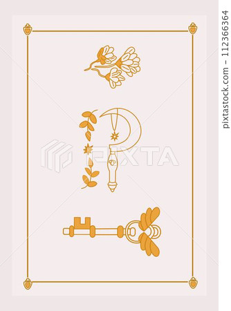 Esoteric poster Golden key with wings, druid sickle, mystic flower with three branches on white background Boho style vector outline illustration. Esoteric poster Golden key with wings, druid sickle, mystic flower with three branches on white background Boho style vector outline illustration. 112366364
