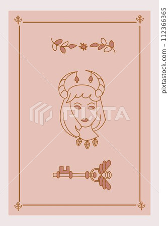 Esoteric poster Girl with horns and bells, golden key with wings and branch on pink background Boho style vector outline illustration. Esoteric poster Girl with horns and bells, golden key with wings and branch on pink background Boho style vector outline illustration. 112366365