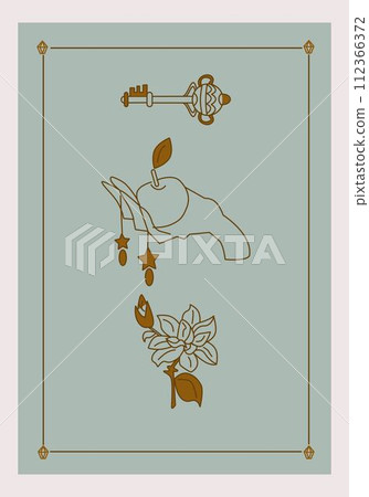 Esoteric poster Hand holding an apple, mystic golden flower and magical fantasy key on green background Boho style vector outline illustration. Esoteric poster Hand holding an apple, mystic golden flower and magical fantasy key on green background Boho style vector outline illustration. 112366372