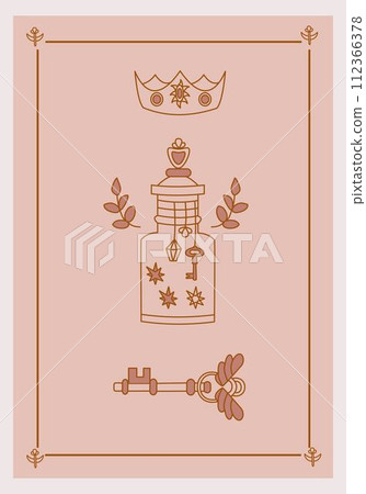 Esoteric poster Magical poison with stars, golden key with wings and crown with gem on pink background. Boho style vector outline illustration. Esoteric poster Magical poison with stars, golden key with wings and crown with gem on pink background. Boho style vector outline illustration. 112366378