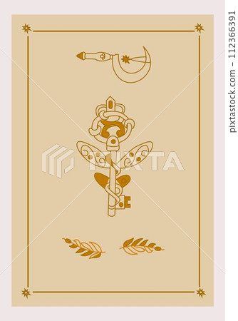 Esoteric poster Magic golden key with wings, druid sickle and branch on beige background. Boho style vector outline illustration. Esoteric poster Magic golden key with wings, druid sickle and branch on beige background. Boho style vector outline illustration. 112366391