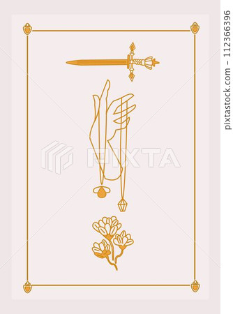 Esoteric poster Hand with amulet and diamond, magic golden sword and mystic flower with three branches on white background Boho style vector outline illustration. Esoteric poster Hand with amulet and diamond, magic golden sword and mystic flower with three branches on white background Boho style vector outline illustration. 112366396