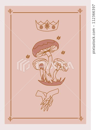 Esoteric poster Magic mushroom and stars, hands with interlaced fingers and crown on pink background Boho style vector outline illustration. Esoteric poster Magic mushroom and stars, hands with interlaced fingers and crown on pink background Boho style vector outline illustration. 112366397