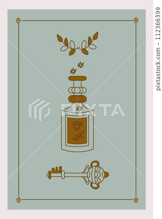 Esoteric poster Magical poison with diamond, fantasy key and branches on green background Boho style vector outline illustration. 112366399
