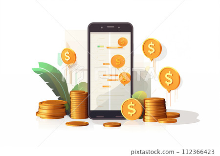 Smartphone wallet mobile application digital banking financial isometric objects illustration business management on white background, Visualization concepts copy space banner 112366423