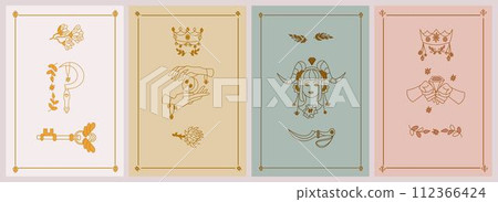Set of esoteric posters Key with wings, druid sickle, mystic flower, branches, protection hands holding moon and stars, Girl with horns, crown and branch Boho style vector outline illustration. 112366424