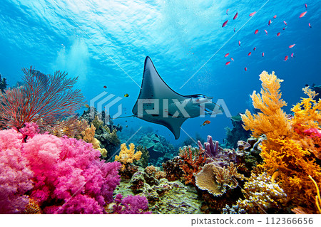 Manta ray swimming in the sea with small fish over colorful coral reef, under water animal ocean life nature scenic Manta ray swimming in the sea with small fish over colorful coral reef, under water animal ocean life nature scenic 112366656