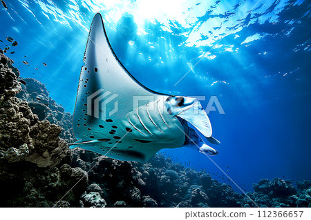 Manta ray swimming in the sea over coral reef, under water animal ocean life nature scenic Manta ray swimming in the sea over coral reef, under water animal ocean life nature scenic 112366657