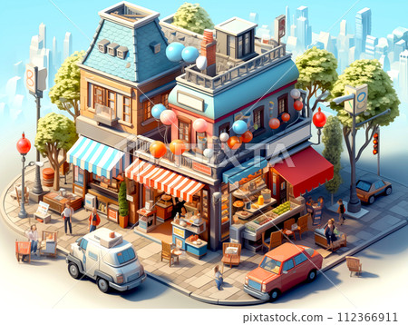 3d isometric illustration local shops restaurant exterior architecture, stalls and food truck with Electronic payments, cashless society and skyscraper background 3d isometric illustration local shops restaurant exterior architecture, stalls and food truck with Electronic payments, cashless society and skyscraper background 112366911