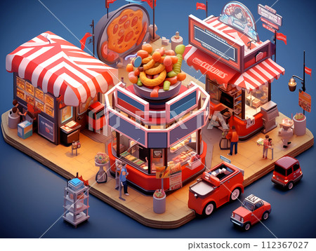 3d isometric illustration community mall with food shops restaurant, stalls, outdoor at night startup franchise business concept on dark blue background 3d isometric illustration community mall with food shops restaurant, stalls, outdoor at night startup franchise business concept on dark blue background 112367027
