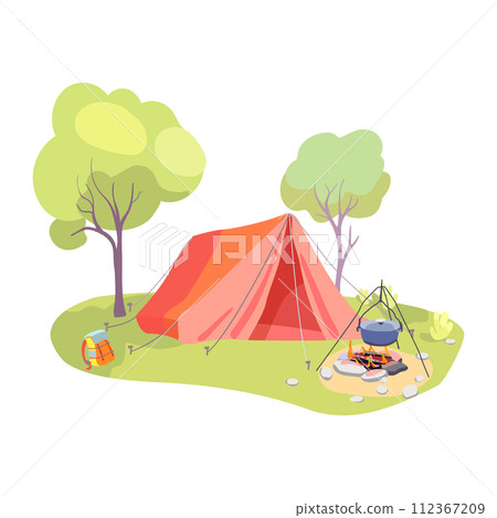 Forest touristic camp with tent, bonfire and firewood for adventure tourism and travel, bushcraft and backpacking. Campsite surrounded by trees. Vector illustration. Forest touristic camp with tent, bonfire and firewood for adventure tourism and travel, bushcraft and backpacking. Campsite surrounded by trees. Vector illustration. 112367209