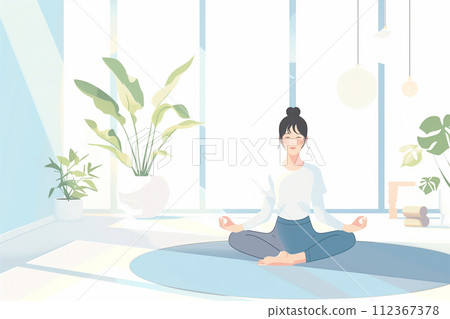 在明亮的房間裡做瑜珈的年輕女子 在明亮的房間裡做瑜珈的年輕女子 112367378