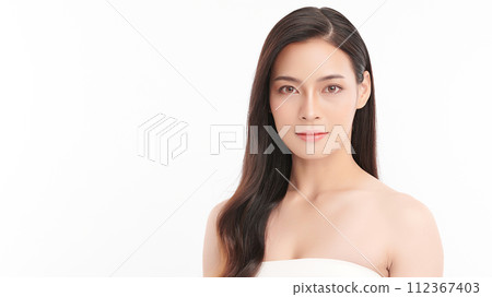 Beautiful young asian woman with clean fresh skin on white background, Face care, Facial treatment, Cosmetology, beauty and spa, Asian women portrait. Beautiful young asian woman with clean fresh skin on white background, Face care, Facial treatment, Cosmetology, beauty and spa, Asian women portrait. 112367403