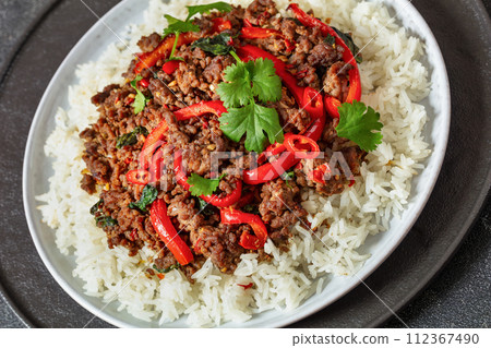 Thai holy basil stir fry with ground beef on plate Thai holy basil stir fry with ground beef on plate 112367490